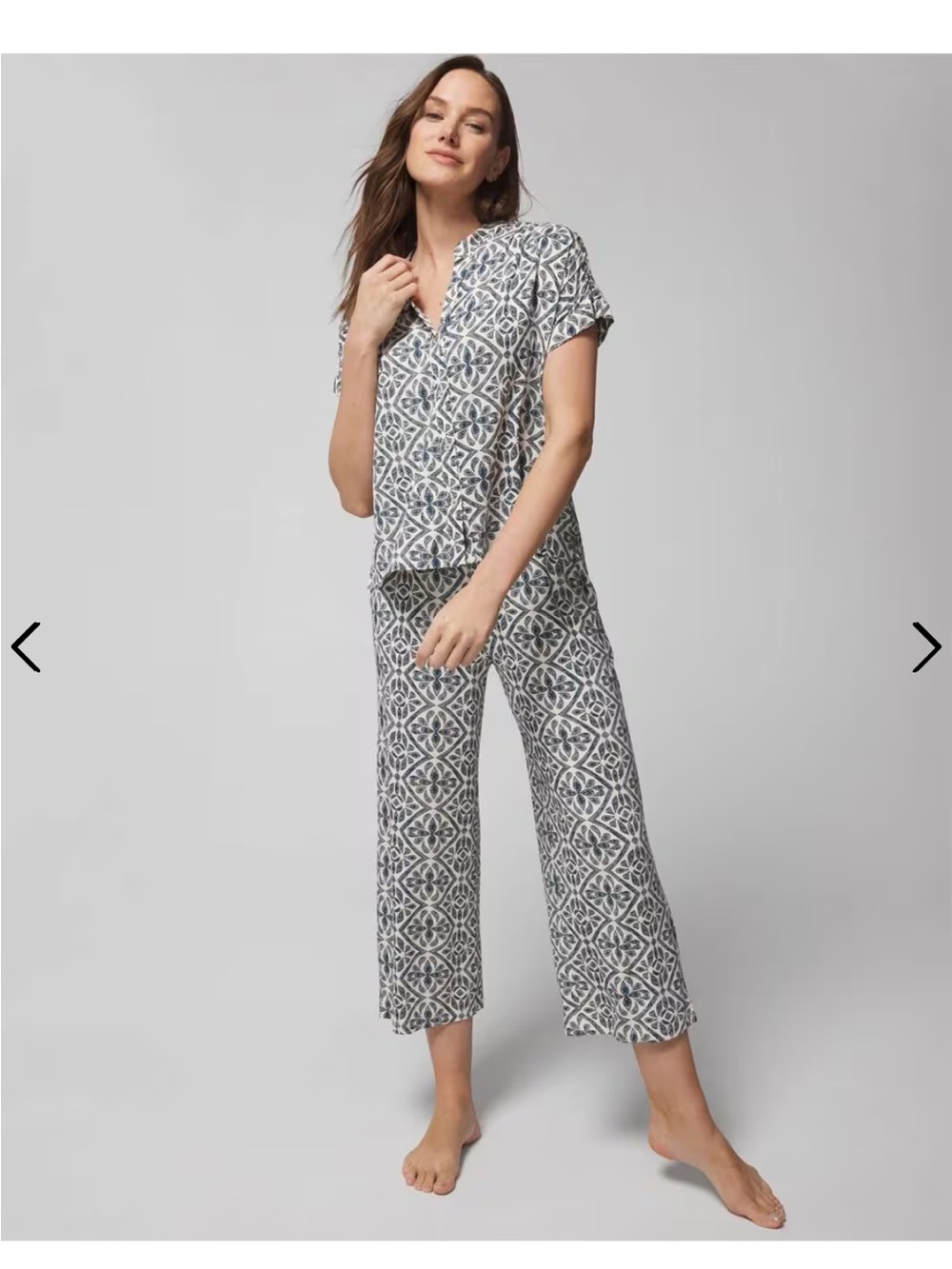 Soma Womenβs Cool Nights Pajama set. Navy and White Patterned Short-Sleeve Shirt